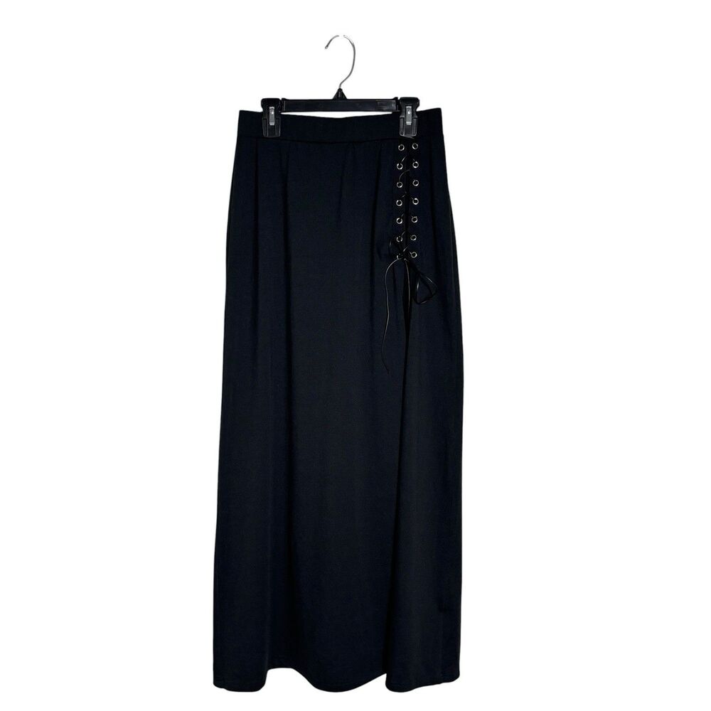 Y2K Whimsigoth Black Lace-Up Corset Slit Maxi Skirt M Grunge Goth Witchy Punk